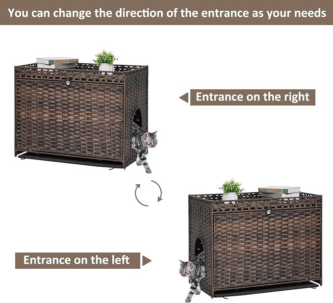 Cat Litter Box Enclosure with Door, Hidden Cat Washroom Furniture | Handwoven PP Wicker; Soft Litter Mat Included; Spacious Interior; Furniture-Style Design; Indoor Home Décor - Image 6