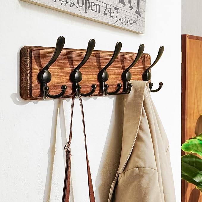 Dseap Coat Rack Wall Mounted - 5 Tri Hooks, Heavy Duty, Wooden Wall Coat Hanger Coat Hook for Clothes Hat Jacket Clothing, Natural & Black - Image 7