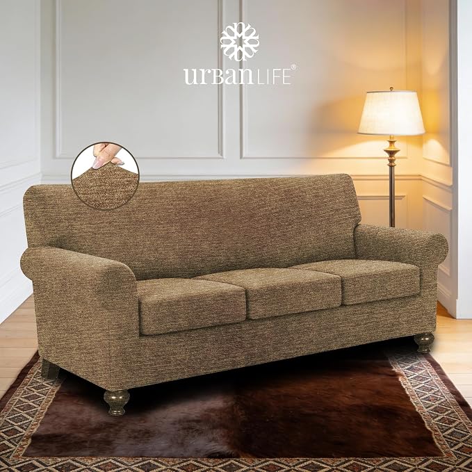 URBANLIFE 4-Piece Stretch Sofa Covers for 3 Cushion Couch, Brown | Super fitted spandex slipcovers for couches. Non-slip elastic bottom. Machine washable furniture protector for kids & pets. - Image 2