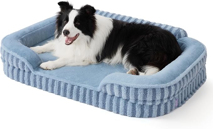 LE SURE Cute Cozy High Back Orthopedic L Plus Dog Bed,38" Blue | Waterproof Pet Bed with Sides, Aesthetic Comfy Egg-Crate Foam Pet Couch Sofa, Removable Washable Cover, Non-Slip Bottom by Lesure