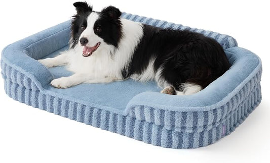 LE SURE Cute Cozy High Back Orthopedic L Plus Dog Bed,38" Blue | Waterproof Pet Bed with Sides, Aesthetic Comfy Egg-Crate Foam Pet Couch Sofa, Removable Washable Cover, Non-Slip Bottom by Lesure