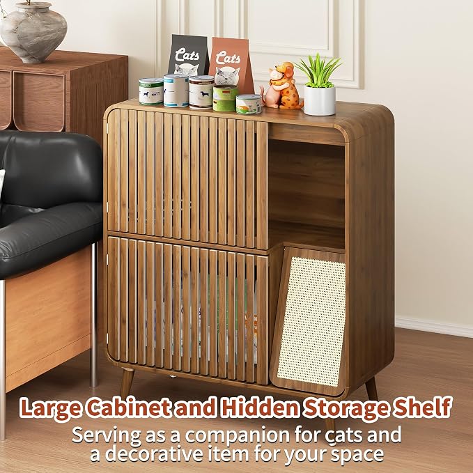 Dog Proof Cat Feeding Station, Pet Feeding Station with Storage and Scratching Board, 2 Raised Steel Bowls for Indoor Cats, Elevated Food Bowls with Stand, Large Pet Furniture, Brown - Image 7
