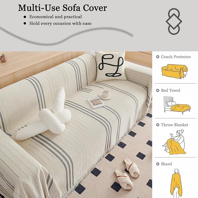 DREAMINGO Couch Cover Reversible Chenille 3 Seat Sofa Covers for Dogs Pets Beige Grey Couch Protector for 3 Cushion Couch Sofa Vertical Stripe Jacquard Sofa Slipcover Sectional, 71"x134" - Image 7
