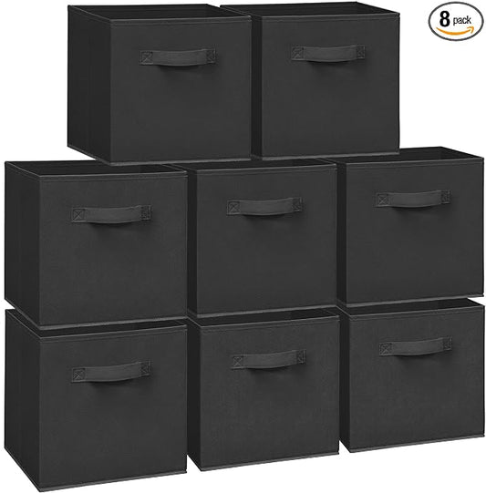 11 Inch Fabric Storage Cubes, Sturdy Foldable Storage Bins, Heavy Duty Cube Organizer for Clothes, Blankets, Shelves, Closets, Bedroom, Living Room, Black, 8 Pack by Unknown