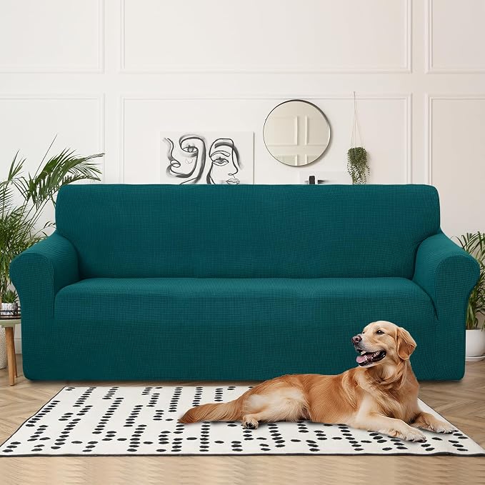 U-NICE HOME 4 Seater Stretch Couch Cover for 3 Cushion Sofa, Blue | 1-Piece Sofa cover, Washable, Pet friendly, Furniture protector, Polyester Spandex Jacquard fabric - Image 2