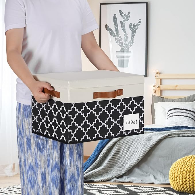 Large Storage Bins with Lids, Foldable Fabric Storage Baskets with Lids 6-Pack, Sturdy Storage Boxes with Labels and 3 PU Handles for Closet Home Bedroom Office (26L, Black Plaid&White) - Image 2