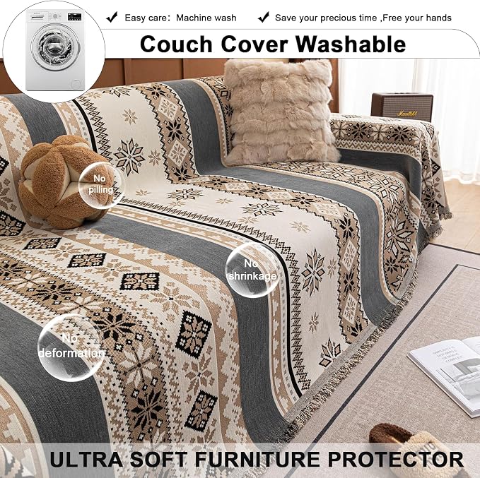 ROOMLIFE Couch Cover 3 Cushion Sofa, Washable Non Slip Furniture Sofa Protector Cover, Soft Chenille Sofa Slipcovers Sectional L Shape Dogs Couch Cover Throw Blanket with Tassels 71''X118'' - Image 6
