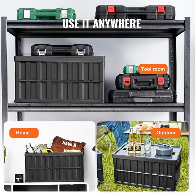 VEVOR 65L Collapsible Storage Bins with Lids 3 Packs, Stackable Utility Crates with Handles, Large Folding Containers for Organizing Tools, Books, Food, Drinks, Camping&Transport - Image 6