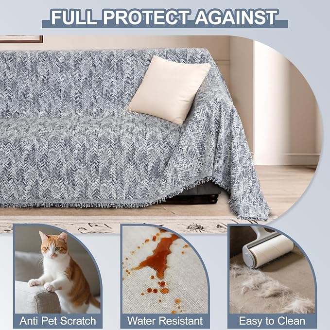 1OO% Waterproof Sectional Couch Covers for Dogs L Shaped Corner Sofa Cover Washable Chenille Sofa Slipcovers Blanket Modern Jacquard Pet Furniture Protector (91"x252", Navy Wave) - Image 4