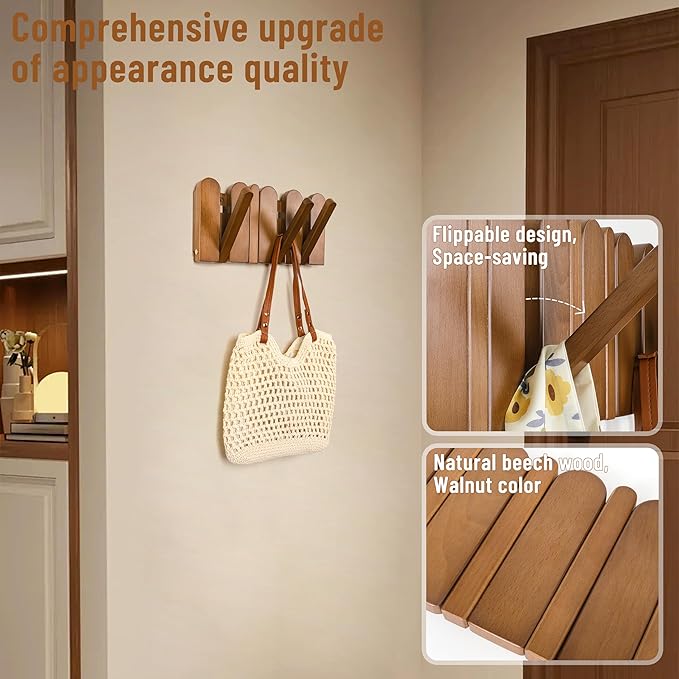 Wall Coat Rack for Entryway: Folding Wood 4 Hooks for Small Space | Modern Heavy Duty Wall Mounted for Mid Century Home Decor Bathroom Hallway Bedroom for Hanging Towel Jacket Backpack Bag - Image 3