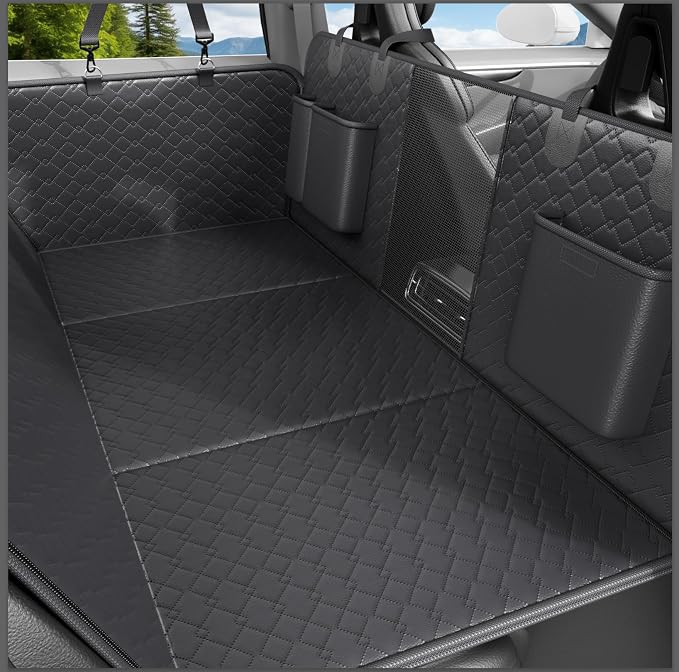 Dog Car Seat Cover Waterproof Vegan Leather, Scratchproof, Hard Bottom Back Seat Extender for Dogs, Non Slip Back Seat Protector with Mesh Window, Easy to Clean Fit Most Cars, Black by REDASW