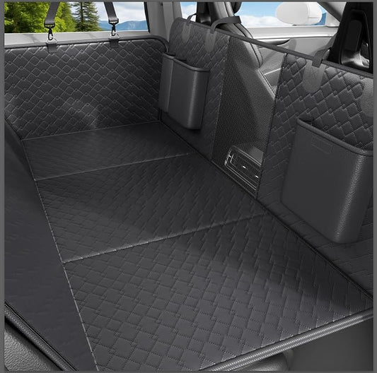 Dog Car Seat Cover Waterproof Vegan Leather, Scratchproof, Hard Bottom Back Seat Extender for Dogs, Non Slip Back Seat Protector with Mesh Window, Easy to Clean Fit Most Cars, Black by REDASW