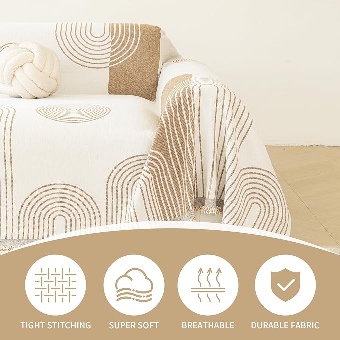 VANJOROY Boho Couch Sofa Cover for 3 Cushion Sectional Sofa L-Shape -Washable Chenille Couch Cover for Dogs Pets, Boho Couch Cover Protector Soft Khaki Sofa Slipcovers with Tassel,71"x 134" - Image 8