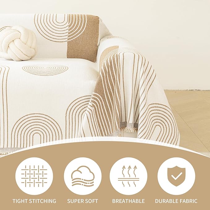 VANJOROY Boho Oversized Couch Sofa Cover for 3-4 Cushion Sectional Sofa L-Shape -Washable Chenille Couch Cover for Dogs Pets, Khaki Couch Cover Protector Soft Sofa Slipcovers with Tassel,91"x 150" - Image 8
