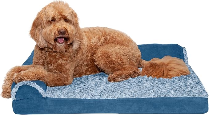 Furhaven Orthopedic Dog Bed for Large/Medium Dogs w/ Removable Bolsters & Washable Cover, For Dogs Up to 55 lbs - Two-Tone Plush Faux Fur & Suede L Shaped Chaise - Marine Blue, Large by FurHaven