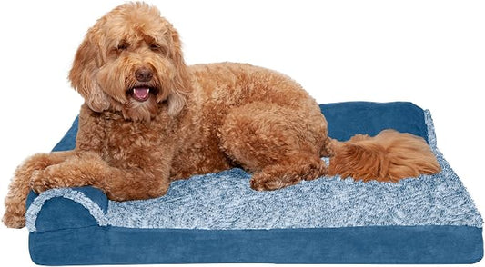 Furhaven Orthopedic Dog Bed for Large/Medium Dogs w/ Removable Bolsters & Washable Cover, For Dogs Up to 55 lbs - Two-Tone Plush Faux Fur & Suede L Shaped Chaise - Marine Blue, Large by FurHaven