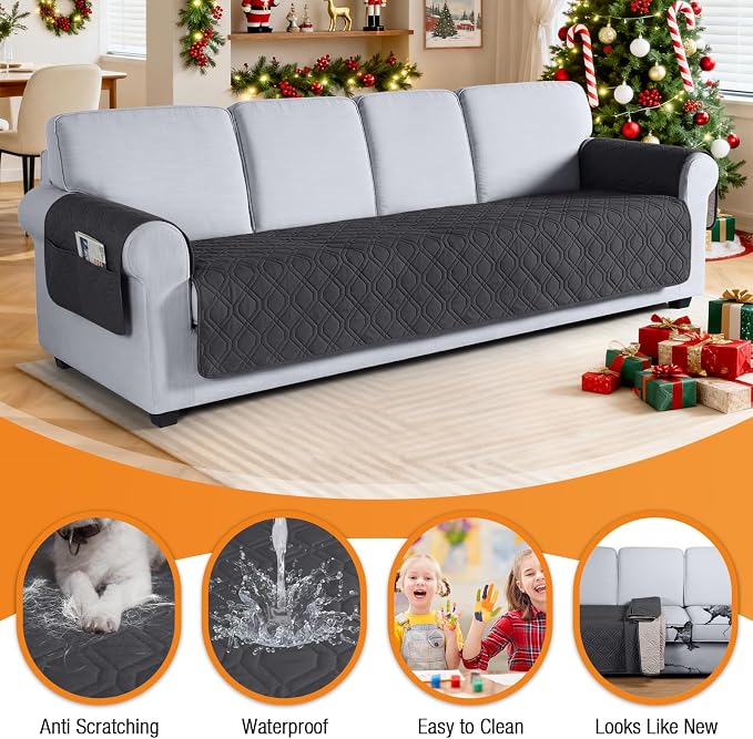 VANSOFY Waterproof Oversized Couch Cover for Pets, Charcoal Gray, 72.4" | Non-Slip, Washable, Utility Pockets, Pet Friendly, Furniture Protector Slipcover for 4 Cushion Couch - Image 4