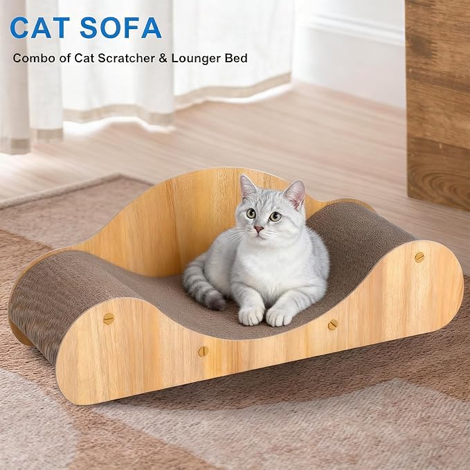 Simple Deluxe Cat Scratcher Cardboard Bed, Natural Solid Wood Scratch Lounger for Scratching&Sleeping, 23.6inches Scratching Board Furniture Protector, Curved - Image 6