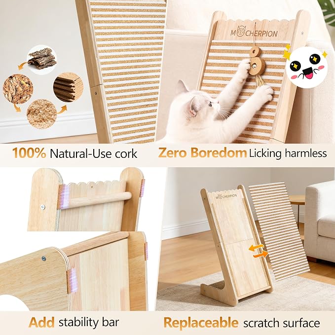Cork Cat Scratching Board-Cat Scratcher Post-Cat Toy Scratch Pad for Indoor | Cat Scratching Posts-Cat Ramp-Cat Scratch Cardboard with Toy,Replaceable Use-Eco-Friendly Sustainable-Protect furniture white - Image 2