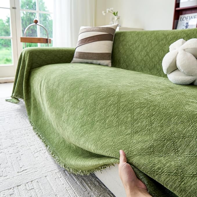 VANJOROY Green Couch Cover Chenille for 2 Cushion L-Shape Loveseat, Washable Sofa Couch Cover Protector Soft Sofa Slipcovers for Pets Dog with Tassel,71"x 102" - Image 7