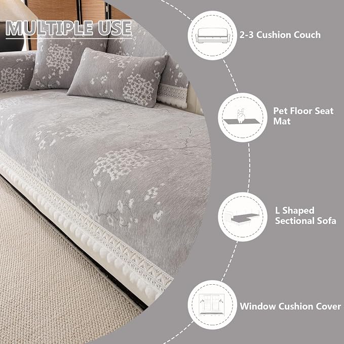 DREAMINGO Couch Backrest Cover, Grey Floral Couch Slipcover Jacquard Chenille Sofa Covers Washable for Pet Kid Non Slip Furniture Protector for Living Room, 35.4"x35.4" - Image 6