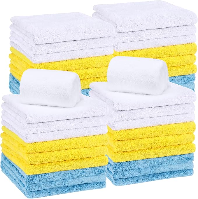 Shimeyao 30 Pcs 16 x 16 Inch edgeless Microfiber Plush Towels for Cars Detailing Drying Wash Polishing Absorbent Cleaning Cloths, 500 GSM (Light Blue, White, Yellow) by Shimeyao