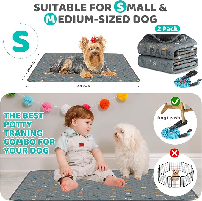 2 Pack 36"x40" Washable Pee Pads for Dogs, Reusable & Absorbent | Large reusable dog pads with leakproof non-slip backing, highly absorbent for crates, playpens, beds and potty training. - Image 2
