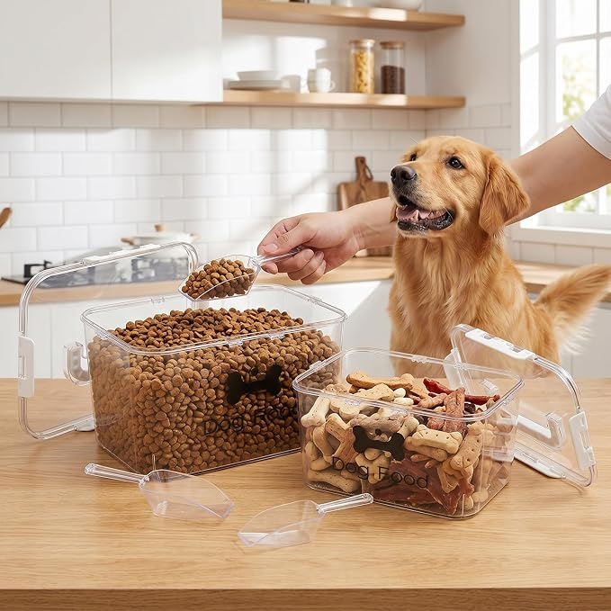 2-Piece Dog Food Container with Handle, Combined 15 Lbs Airtight Pet Food Treat Bin for Dogs Cats, Large Capacity Kibble Container for Kitchen Counter,Stackable and Keep Food Fresh - Image 4