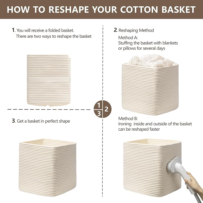 joybest 13inch Cube Storage Bins, Cotton Rope Woven Organizer Basket | Set of 4 Cube Bin Square Shelves Organizer Closet Storage, Nursery, Toy Organization, Beige - Image 7