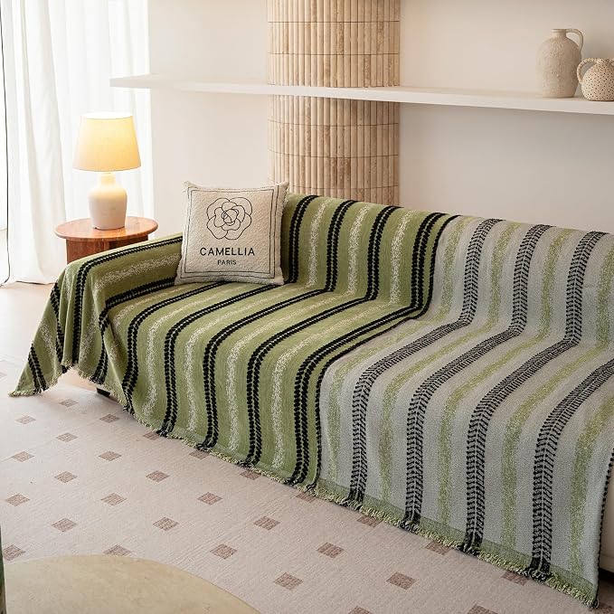 VClife Chenille Sofa Cover Bohemian Striped Pattern Couch Cover for 2 Cushion Sofa - Sage Green Black Textured Sofa Slipcover Washable Furniture Protector for Couch Decorative Couch Cushion Cover - Image 5