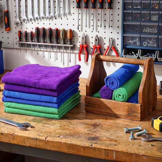 Nuenen Cleaning Cloths for Cars 16 x 16 Inch Ultra Absorbent Towels Drying Microfiber Reusable Cleaning Supplies House Kitchen Window Microfiber Towel (Purple,Blue,Green,60 Pcs) - Image 2