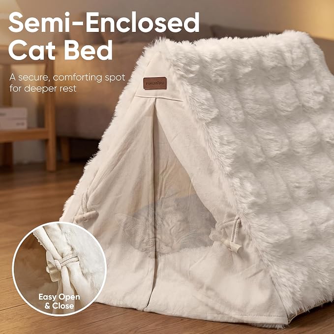 FUKUMARU Cat Cave Bed, Sturdy Frame Washable Cat Tent Bed with Curtain | Semi-Enclosed Cat Hideaway for Anxious Cats, Large Cozy Cat House for Indoor Cats, Soft Plush Covered Dog Bed, Cream - Image 2