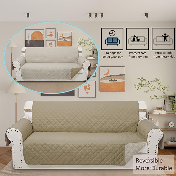 Reversible Couch Cover for 3 Cushion, Sofa, Camel/Beige | Couch Cover for Sofa, Pet Friendly Water Repellent Couch Sofa Cover, Washable Furniture Protector with Elastic Straps - Image 2