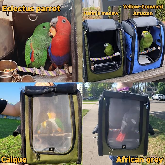 Birds Day Bird Carrier Backpack - Breathable Mesh Portable Parrot Travel Cage with 2PCS Perch, Food Bowl, and Stainless Steel Tray (Dark Olive Green) - Image 7