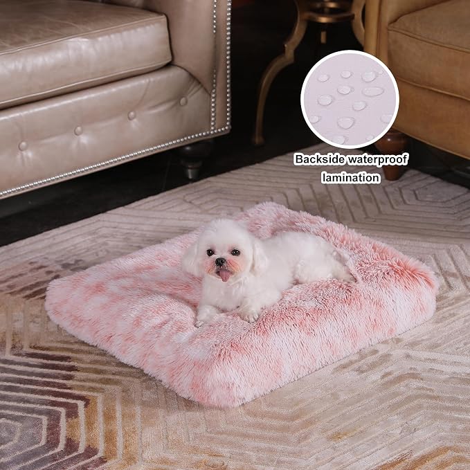 Bedfolks Plush Waterproof Dog Crate Bed, Removable Washable Cover, Faux Fur for Small Dogs & Cats, 23"x18", Pink - Image 2