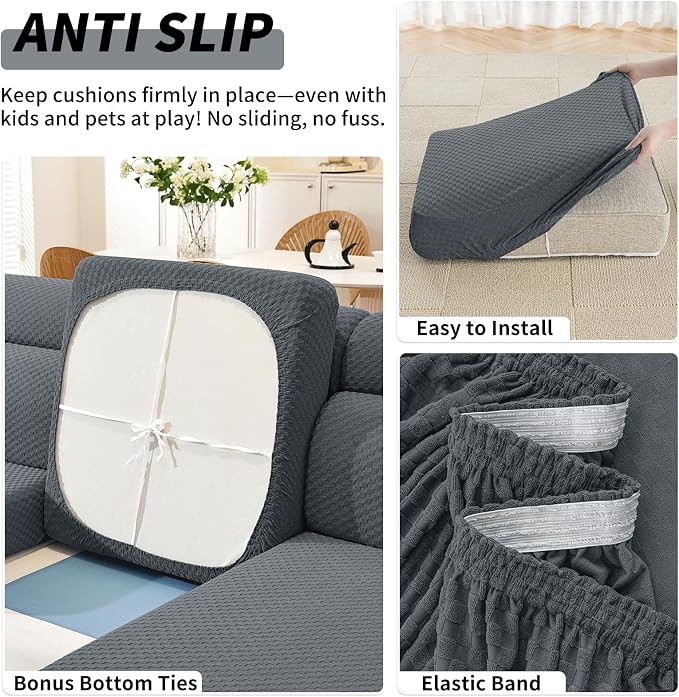 YEMYHOM Couch Cushion Covers for Sofa, Stretch Sectional Couch Seat Cushion Covers Washable Thick Furniture Protector Sofa Slipcovers for Pets (3 Seater + 1 Chaise, Dark Gray) - Image 5