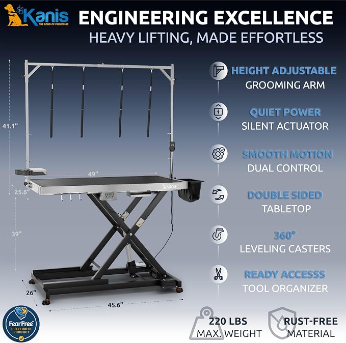 KANIS Professional Electric Dog Grooming Table - Heavy Duty | Height Adjustable Pet Grooming Table w/Leveling Wheels, Dog Grooming Arm, Anti-Slip Tabletop & Tool Organizer (Black, 49") - Image 2