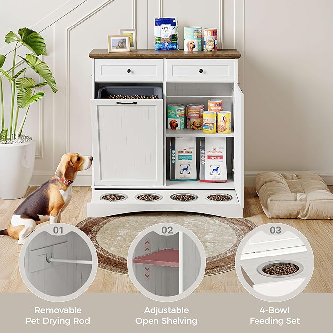 FIMELLO 39.7’’W Dual Doors Dog Food Storage Cabinet, Tilt-Out Dog Feeding Station with 4 Feeding Bowls, Pet Feeder Cabinet, White Grain - Image 4