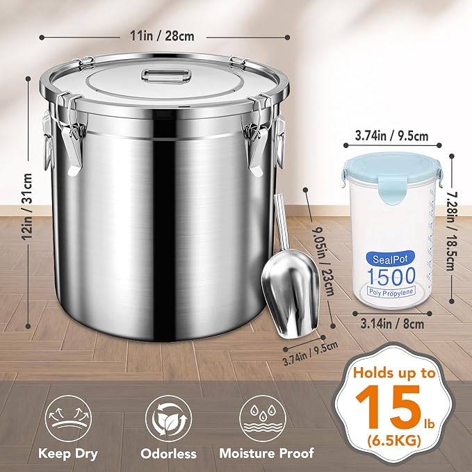 Newget Dog Food Storage Containers, Large Stainless Steel Pet Food Storage Containers 15 lb / 6.5 kg to Keep Fresh, Metal Airtight Cat Food Containers With Scoop and 2 Small Containers - Image 2