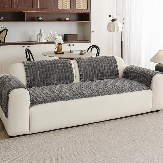 Couch Covers for Sofa Washable, Non Slip Couch Covers for Dogs, Soft Plush Pet Friendly Dog Couch Cover, Plaid Couch Protector for Dogs, Pet Couch Cover for 2-3 Seats(Dark Grey,28"×94",1PC) - Image 2