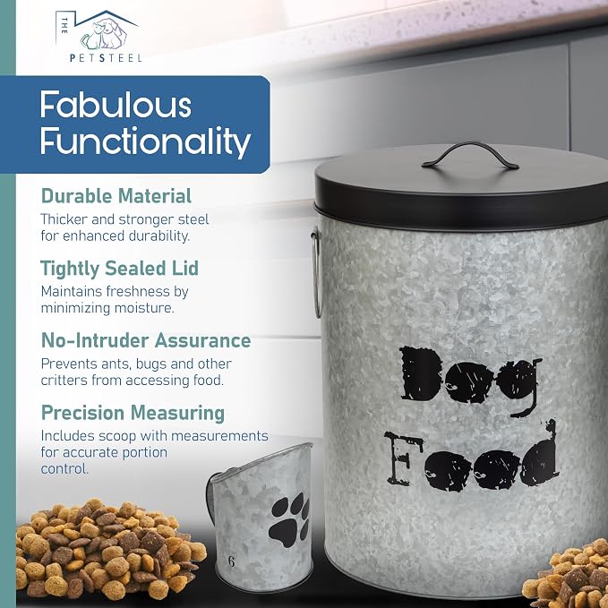 Large 60lb Dog & Medium 30lb Cat Pet Food Storage Canister with Scoop – Durable & Airtight for Freshnesss, Minimalist Design & Recyclable, Metal Container (Combo - Large Dog Bin & Med Cat Bin) - Image 2