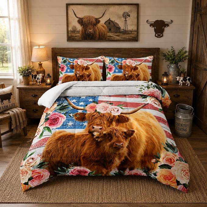 Nttopship Highland Cow Flower Comforter Sets King Size for Kids,American Flag Western Animal Bedding Sets All Season 1 Comforter and 2 Pillowcases by Nttopship