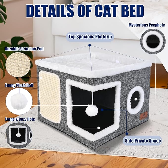 Cat Beds for Indoor Cats, Large Cat Cave Bed with Scratch Pad and Fluffy Ball, Foldable Cat Hideaway, Cat House with Reversible Cushion for Multi Small Pet Up to 30LBS, Grey - Image 4