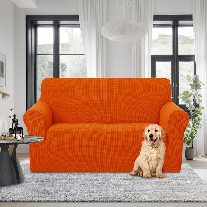 U-NICE HOME Loveseat Cover Stretch Couch Cover Sofa Slipcover, Orange | 2 Cushion Sofa, 1-Piece Sofa cover, Washable, Pet friendly, Furniture protector, Polyester Spandex Jacquard fabric - Image 2