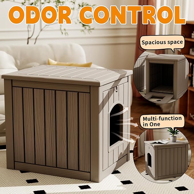 Cat Litter Box Enclosure, Multi-Functional Hidden Litter Box Furniture & Indoor Outdoor Cat House with Side Table Design, Openable Front Door & Raised Floor, Easy to Clean & Assemble, Grey - Image 5
