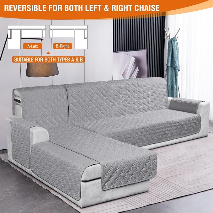 VANSOFY Sectional Couch Covers 100% Waterproof L Shaped Sofa Slipcover 3pcs Reversible Chaise Lounge Cover for Sectional Sofa Furniture Protector Cover for Pets Cat Dog(Large, Light Gray) - Image 3