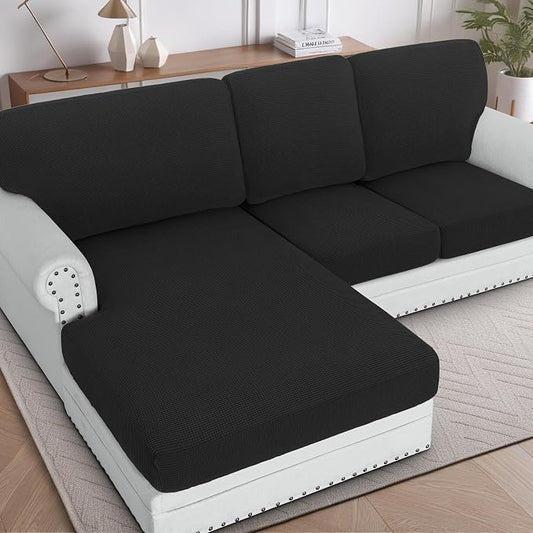 H.VERSAILTEX Sectional Couch Covers 3 Pieces Sofa Seat Cushion Covers L Shape Separate Cushion Couch Chaise Cover for Both Left/Right Sectional Couch (Seat Only: 1 Chaise + 2 Sofa, Black) by HVERSAILTEX