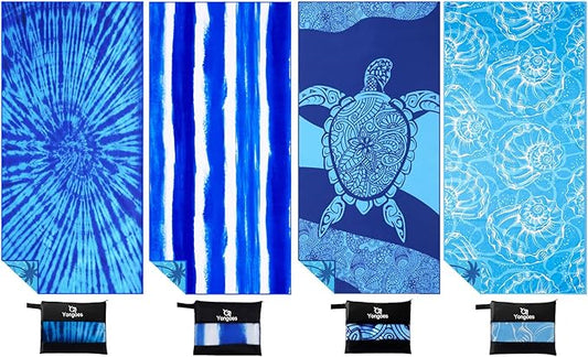 Yongoes 4 Pack Microfiber Beach Towel Oversized 71x32 Blue Multipack Bulk | Lightweight Thin,Sand Free,Super Absorbent Quick Dry Large Towels for Swim Pool Bath Travel Vacation Accessories Essentials by Yongoesbeachtowel