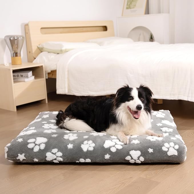 Cute Fluffy Dog Beds for Large Dogs, 35"x 22", Grey Paw | Thick Dog Bed for Crate Kennel, Pet Bed with Removable Washable Cover, Anti-Slip Bottom - Image 2