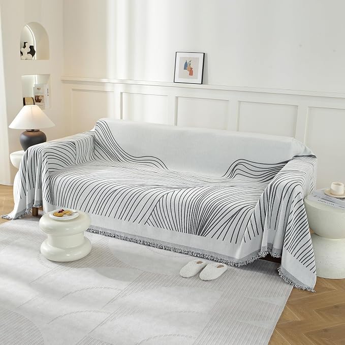 Couch Cover for Sofa, Boho Sofa Cover Washable Couch Cover for Dogs, Pet Sofa Cover for 2-Cushion Couches with Tassel Furniture Protector Cover,71" x 102",Dark Gray-Wave - Image 2